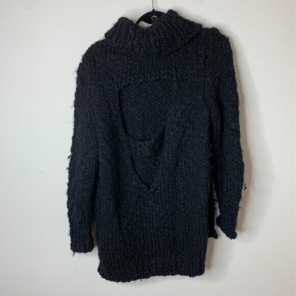 Women's Wolf & Cecil Merino Wool Chunky Knit Sweater Turtleneck Black Cutout - Picture 3 of 16